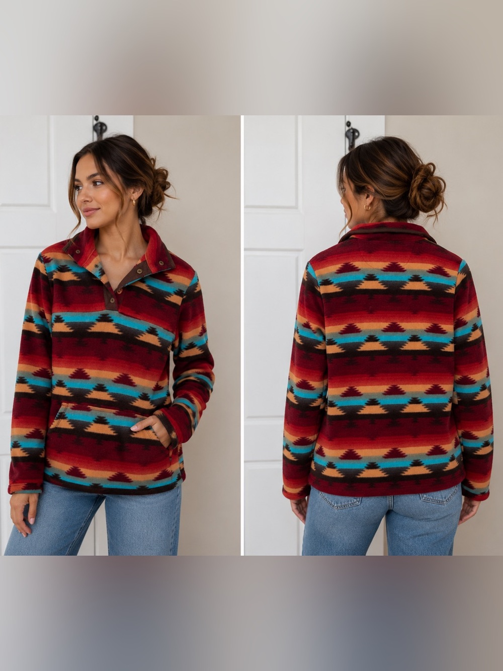 Women's Aztec Fleece Pullover Jacket - Red Multicolor